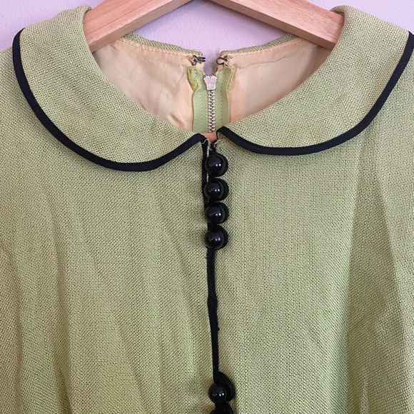Vintage 60s Dress Peter Pan Collar Linen Twee Spring Green A Line S - Picture 4 of 7
